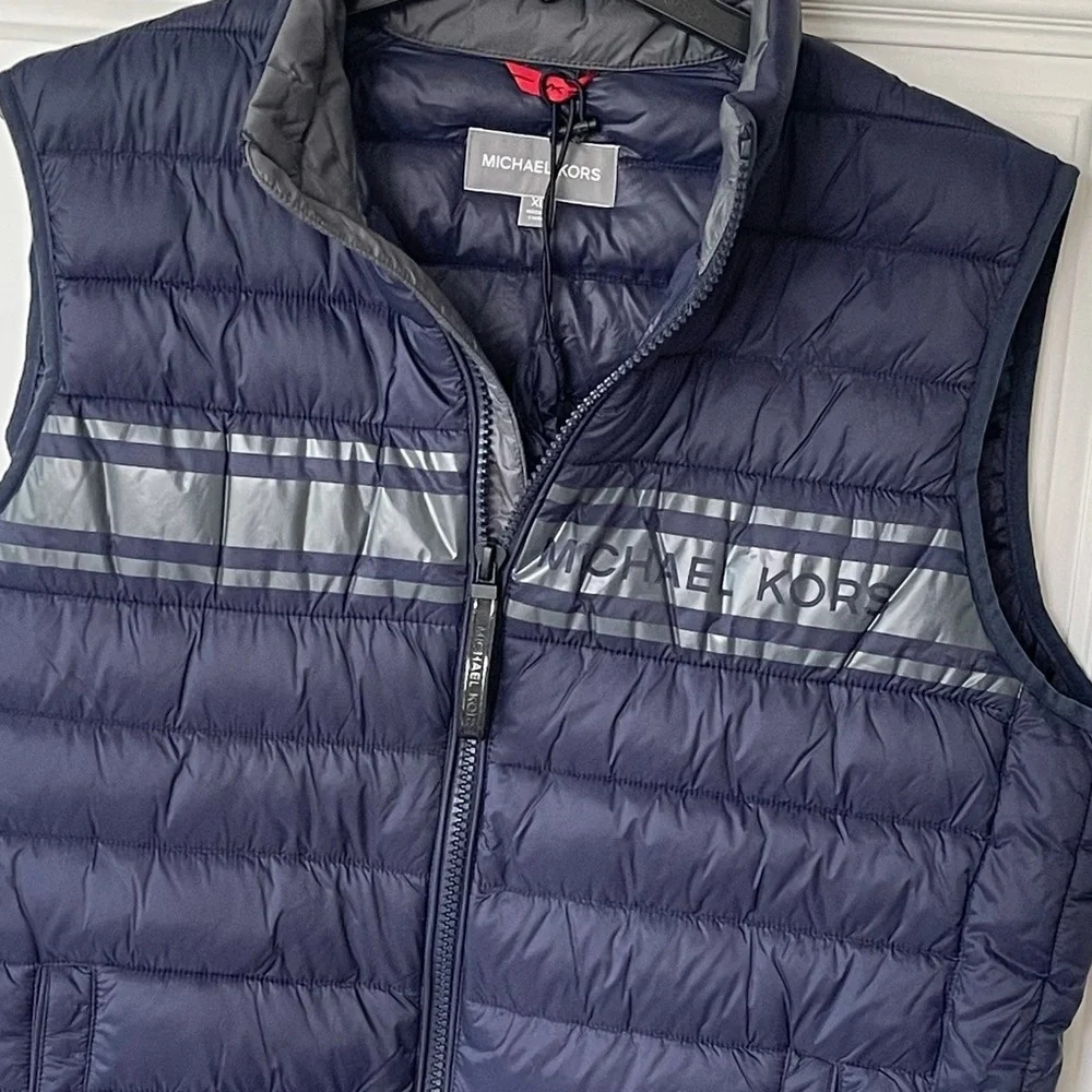 NEW MICHAEL KORS MENS Logo Tape Quilted Nylon Puffer Vest size XL Navy blue - Picture 4 of 10